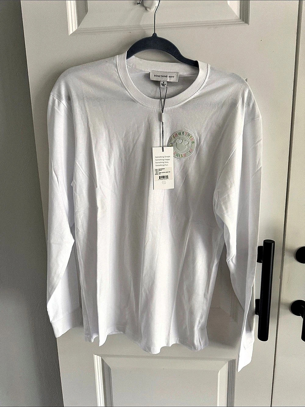 Something Navy Long Sleeve Logo Tee in White Small NWT